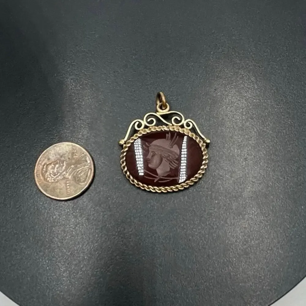Antique Victorian Gold‎ Filled  Carnelian Intaglio Centurion Roman Pendant